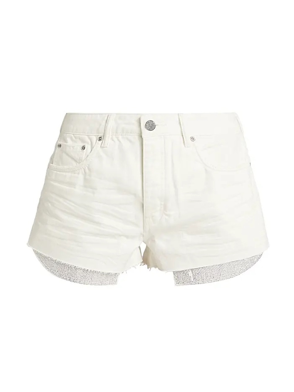 High-Rise White Denim Jean Shorts with Rhinestone Hem